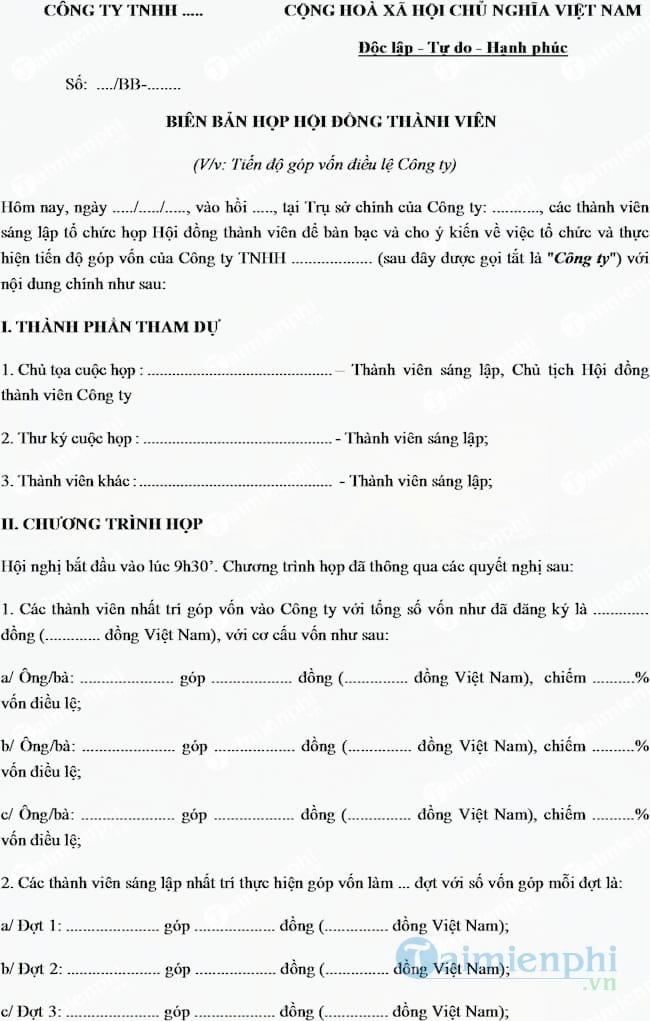 Biên bản thỏa thuận góp vốn công ty trách nhiệm hữu hạn