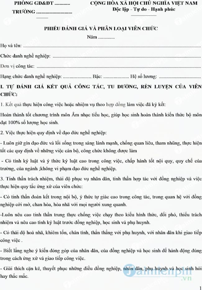 Mẫu phiếu đánh giá phân loại viên chức