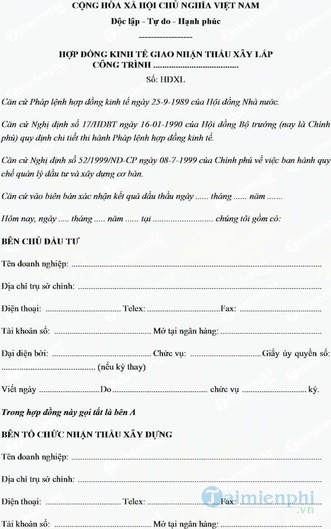 Mẫu hợp đồng kinh tế giao nhận thầu xây lắp công trình