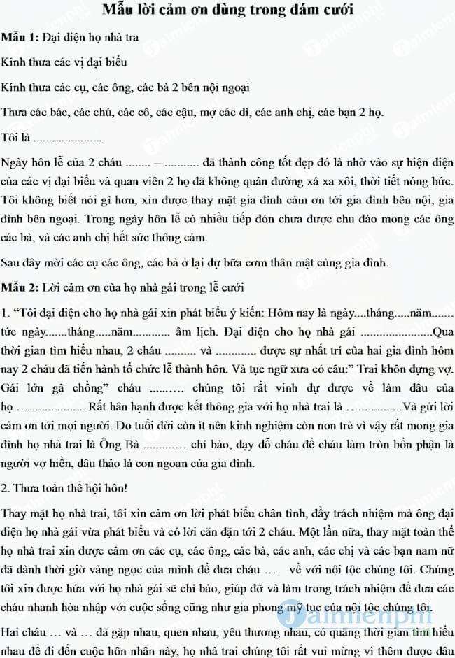 Mẫu lời cảm ơn dùng trong đám cưới