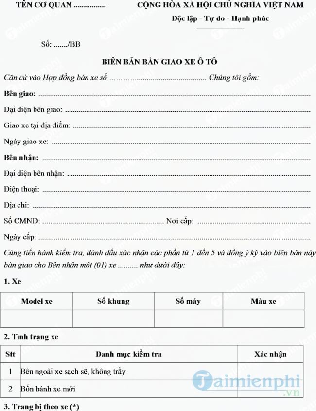 Mẫu biên bản bàn giao xe