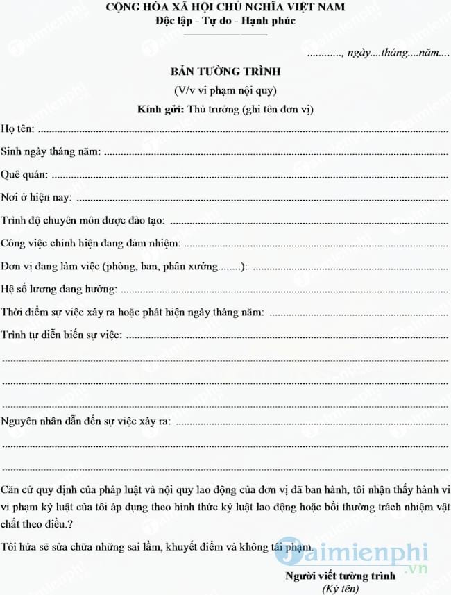 Mẫu bản tường trình về việc vi phạm nội quy