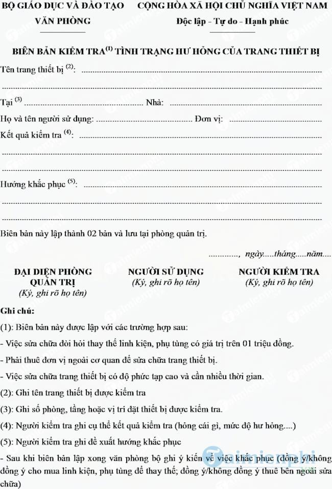 Mẫu biên bản kiểm tra tình trạng hư hỏng của trang thiết bị
