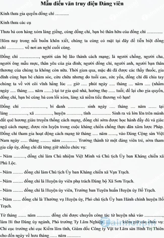 Mẫu điếu văn truy điệu Đảng viên