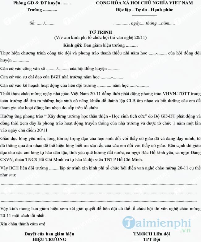 Mẫu tờ trình xin kinh phí tổ chức hội thi