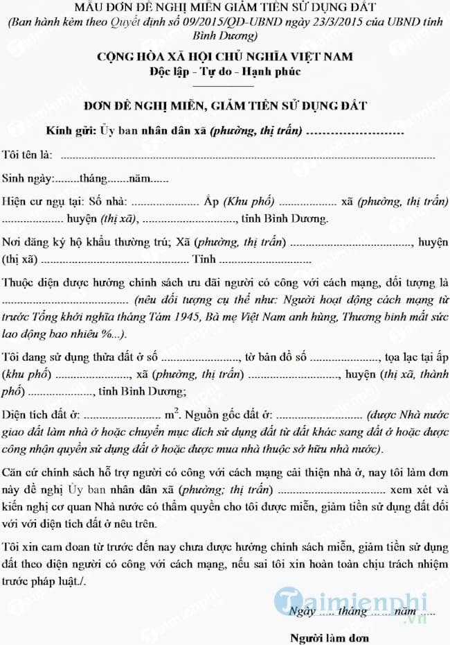 Mẫu đơn đề nghị miễn, giảm tiền sử dụng đất