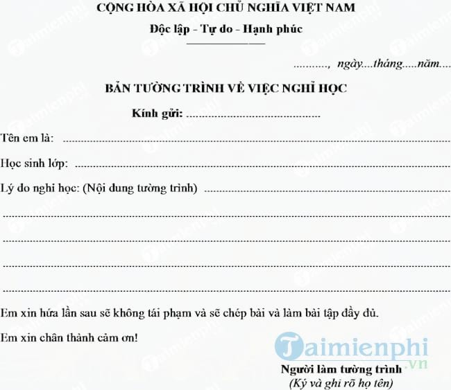 Mẫu bản tường trình về việc nghỉ học