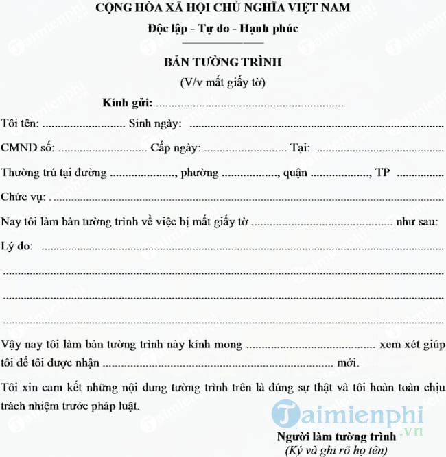 Mẫu bản tường trình về việc mất giấy tờ