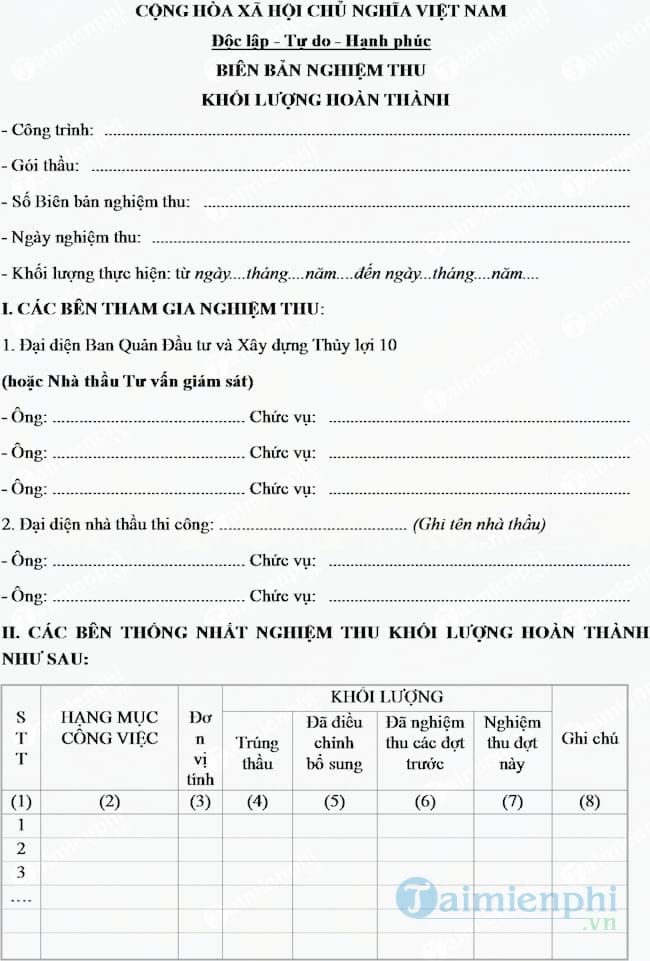 Mẫu biên bản nghiệm thu khối lượng hoàn thành
