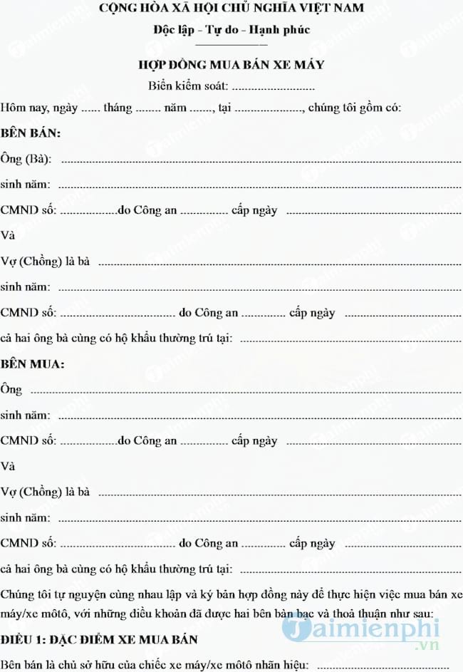 Mẫu hợp đồng mua bán xe máy