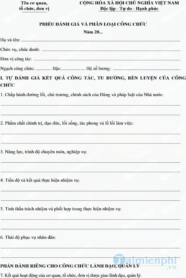 Mẫu phiếu đánh giá và phân loại công chức năm 2017