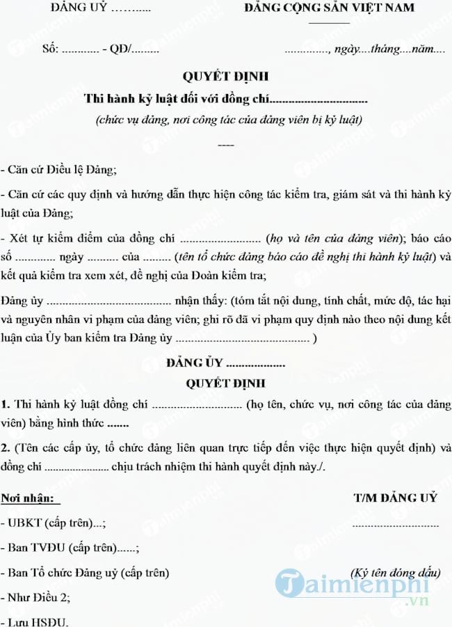 Mẫu quyết định kỷ luật Đảng viên