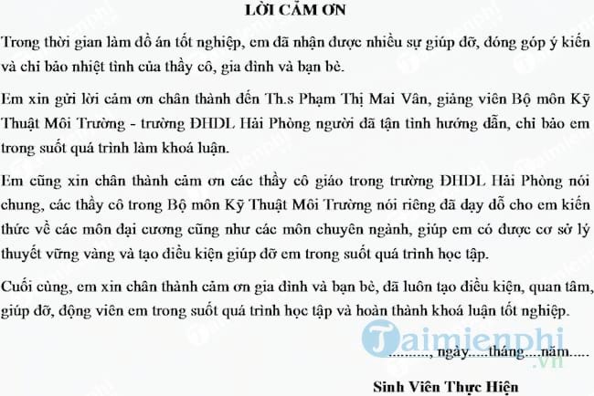 Mẫu lời cảm ơn trong đồ án tốt nghiệp