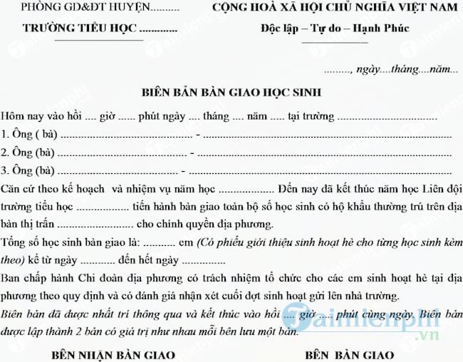 Mẫu biên bản bàn giao học sinh về sinh hoạt hè tại địa phương