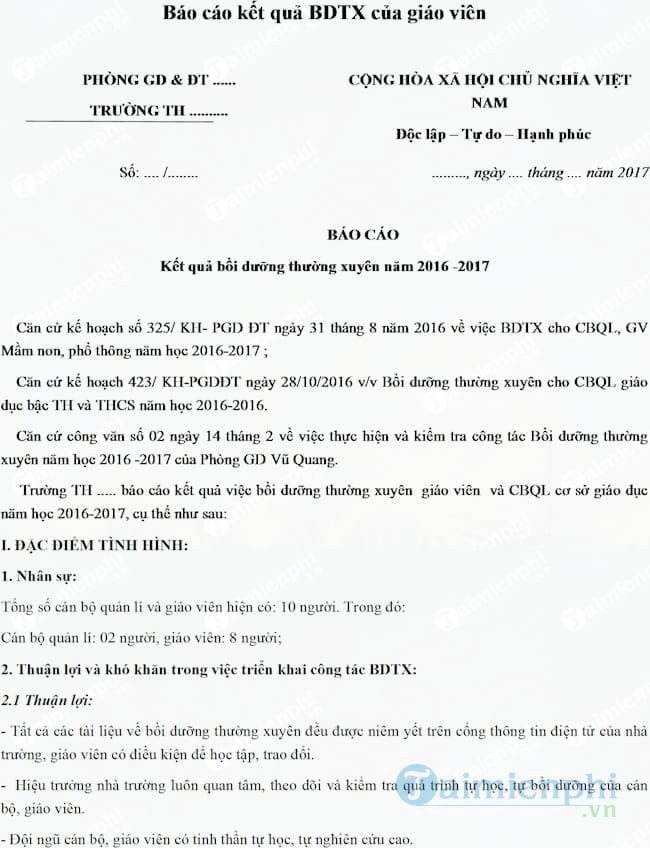 Mẫu Báo cáo kết quả BDTX của giáo viên