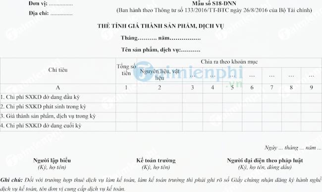 Thẻ tính giá thành sản phẩm, dịch vụ