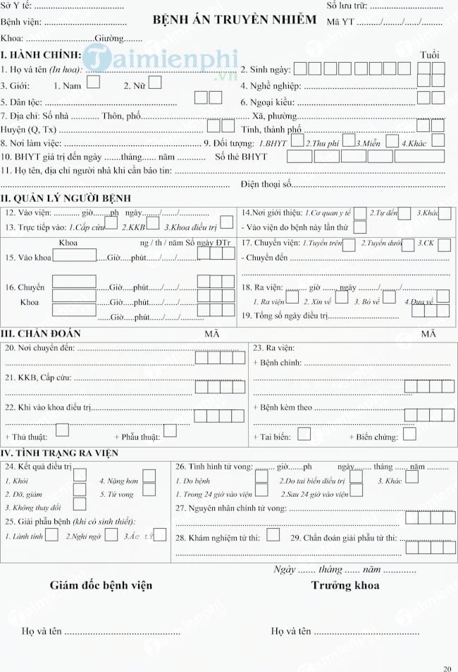 Mẫu bệnh án truyền nhiễm