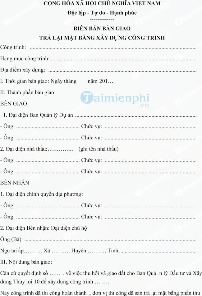 Mẫu biên bản bàn giao trả lại mặt bằng xây dựng công trình