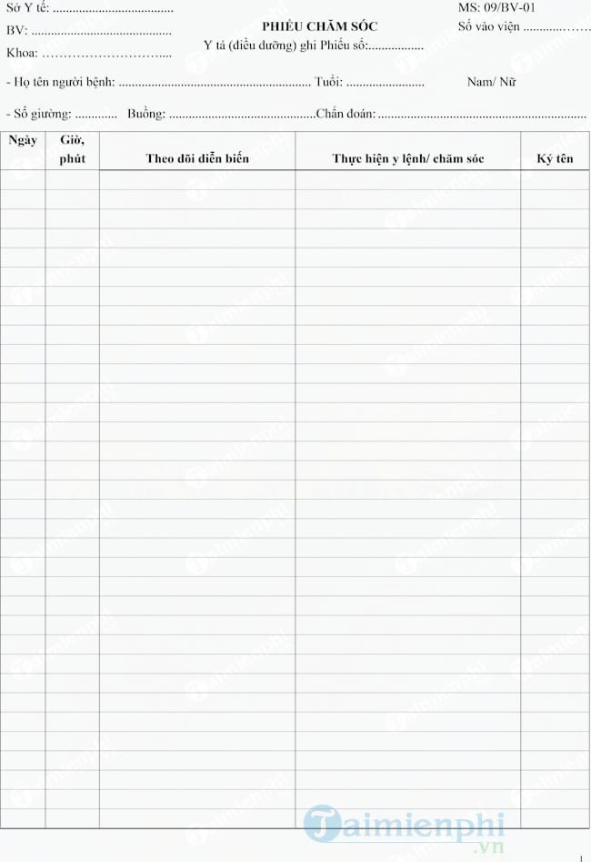 Mẫu phiếu chăm sóc
