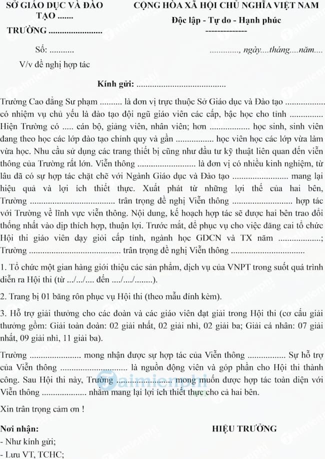 Mẫu công văn đề nghị hợp tác