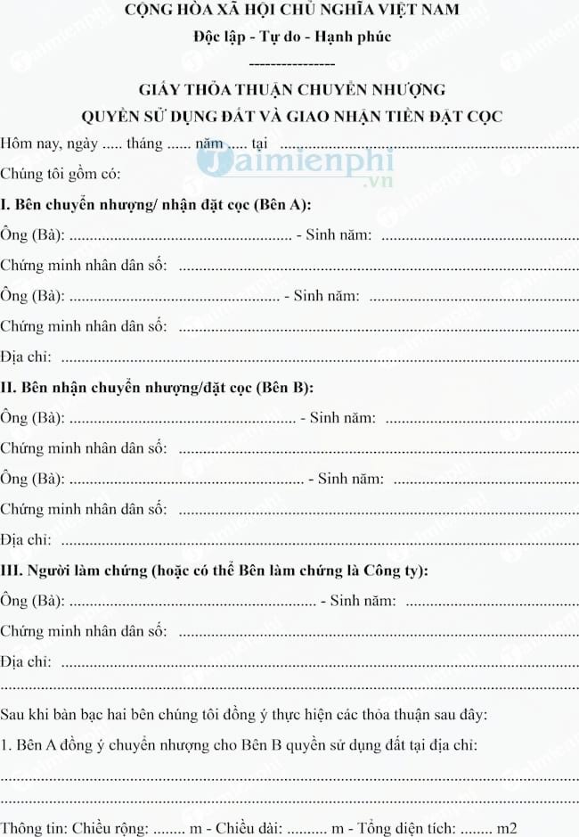 Mẫu giấy thỏa thuận chuyển nhượng quyền sử dụng đất