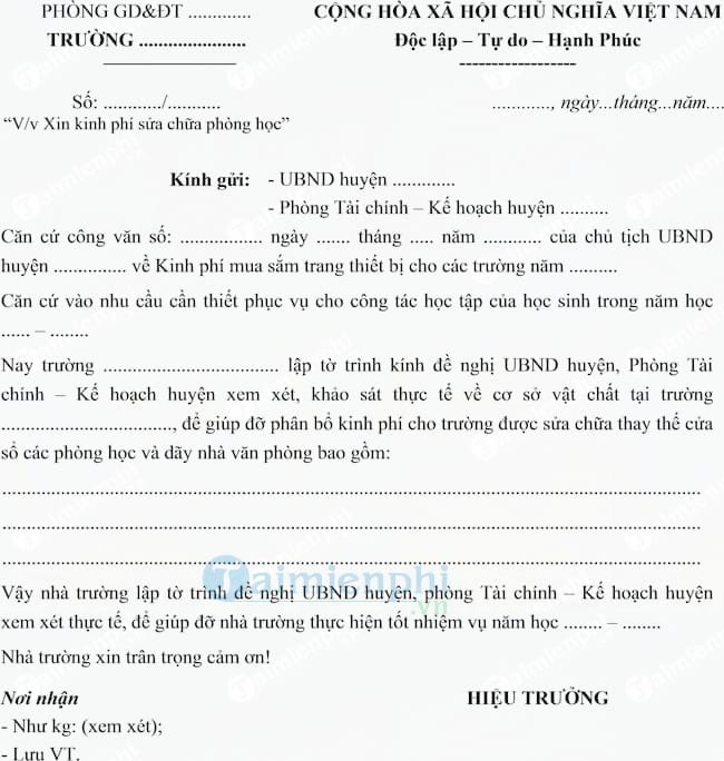 Mẫu tờ trình xin kinh phí sửa chữa