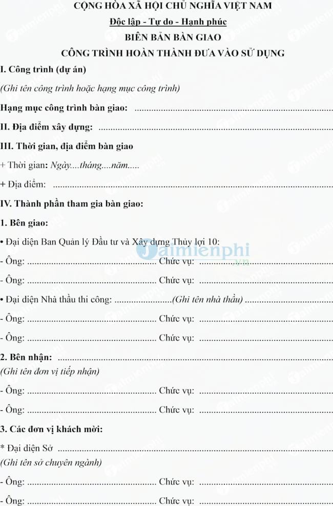 Mẫu biên bản bàn giao công trình hoàn thành đưa vào sử dụng