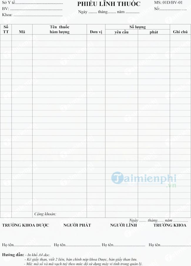 Mẫu phiếu lĩnh thuốc