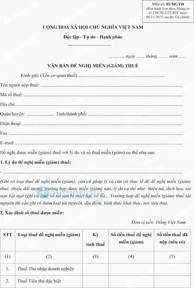 Mẫu Văn bản đề nghị miễn giảm thuế