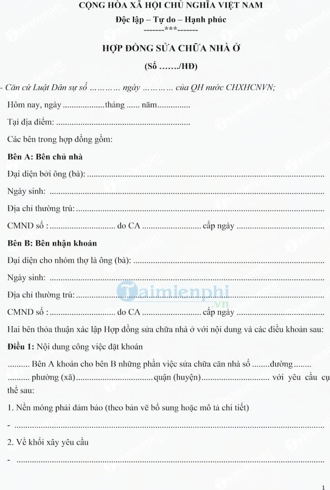 Mẫu hợp đồng sửa chữa nhà ở