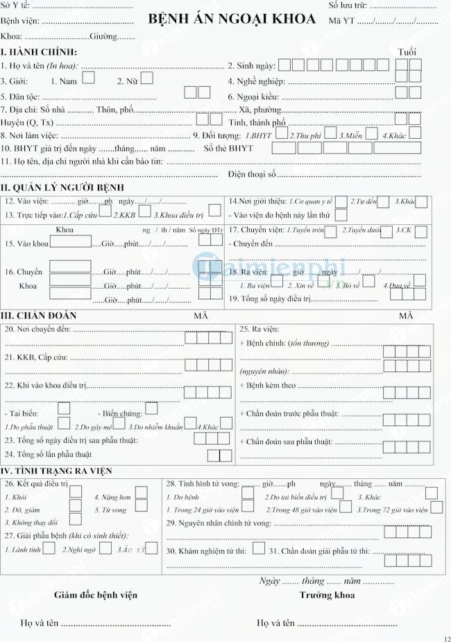 Mẫu bệnh án ngoại khoa
