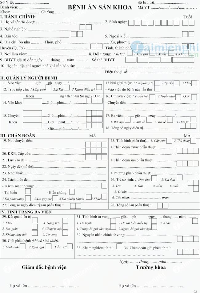 Mẫu bệnh án sản khoa