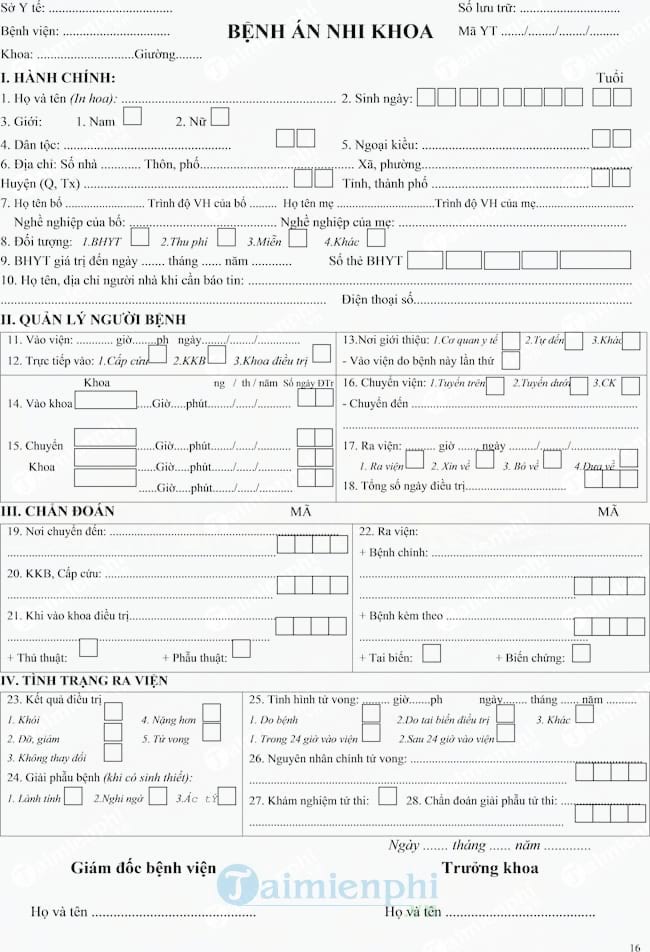 Mẫu bệnh án nhi khoa