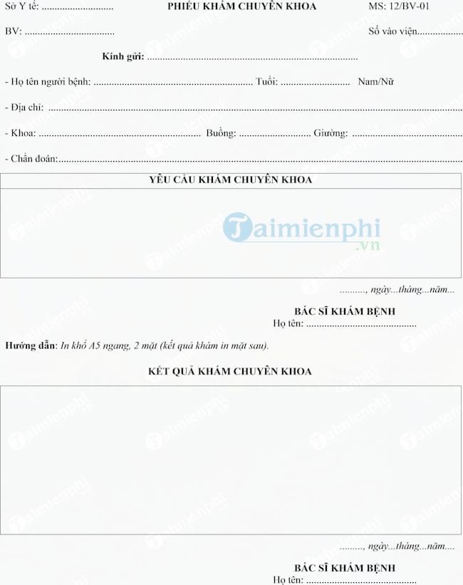 Mẫu phiếu khám chuyên khoa