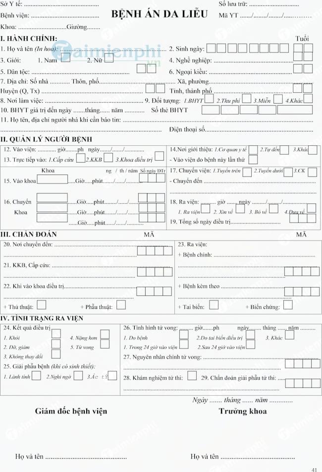 Mẫu bệnh án da liễu