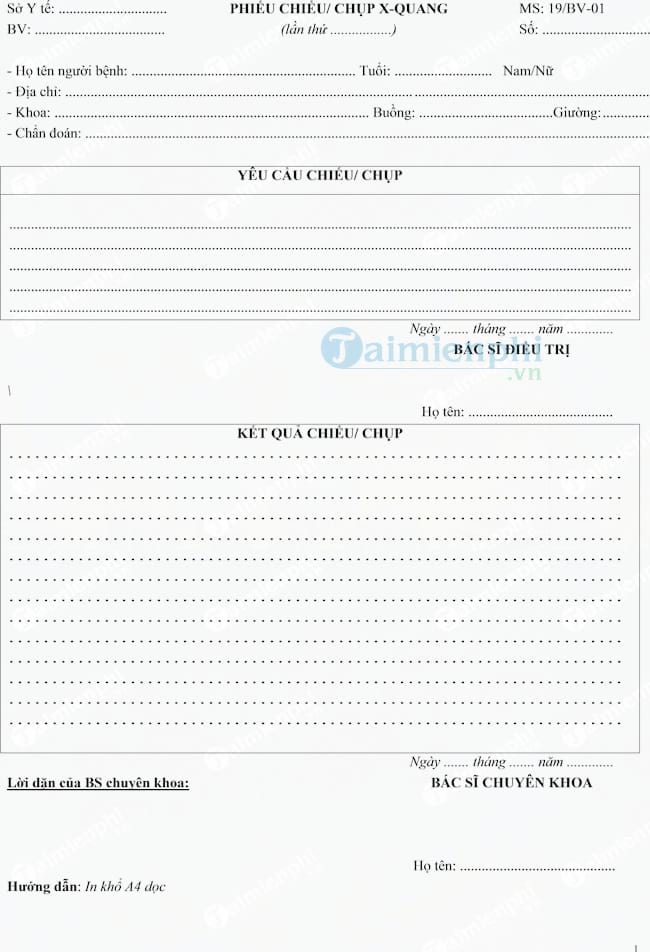 Mẫu phiếu chiếu, chụp X quang