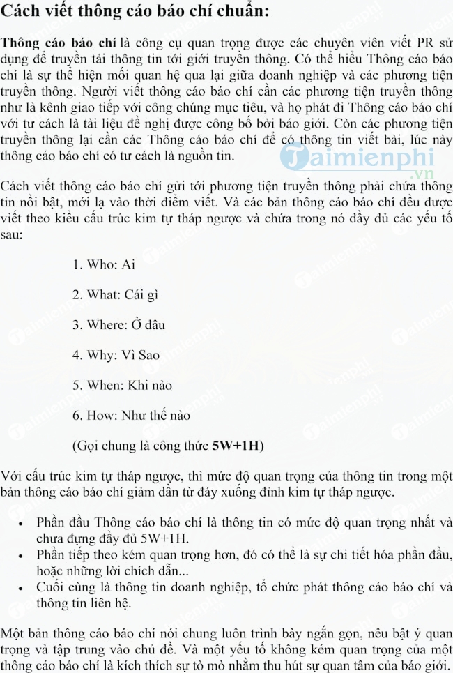 Mẫu thông cáo báo chí đăng báo