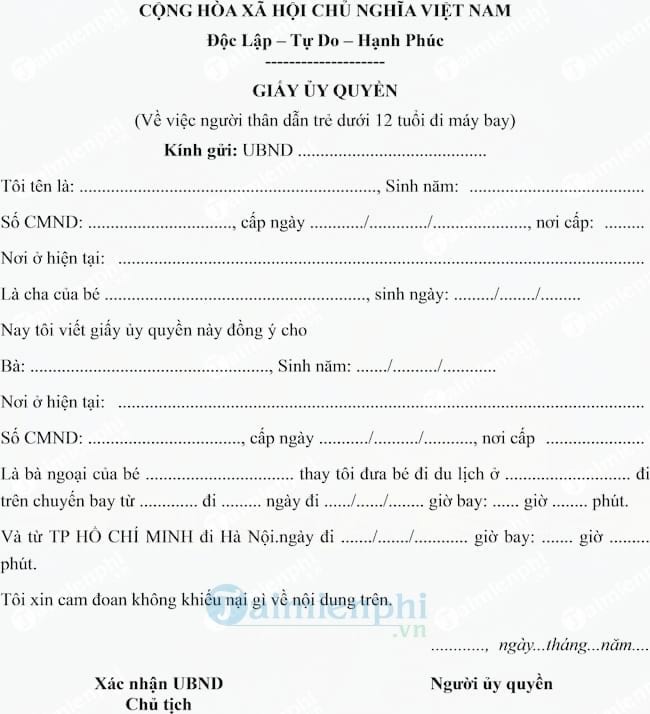 mau giay uy quyen tre em di may bay voi nguoi than