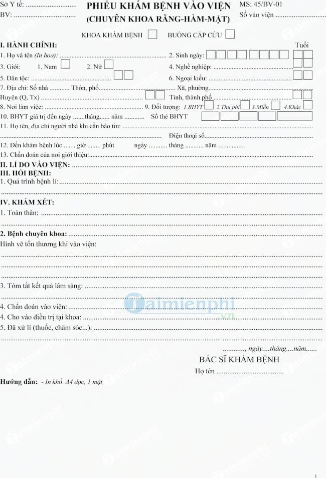 Mẫu phiếu khám bệnh vào viện chuyên khoa răng hàm mặt