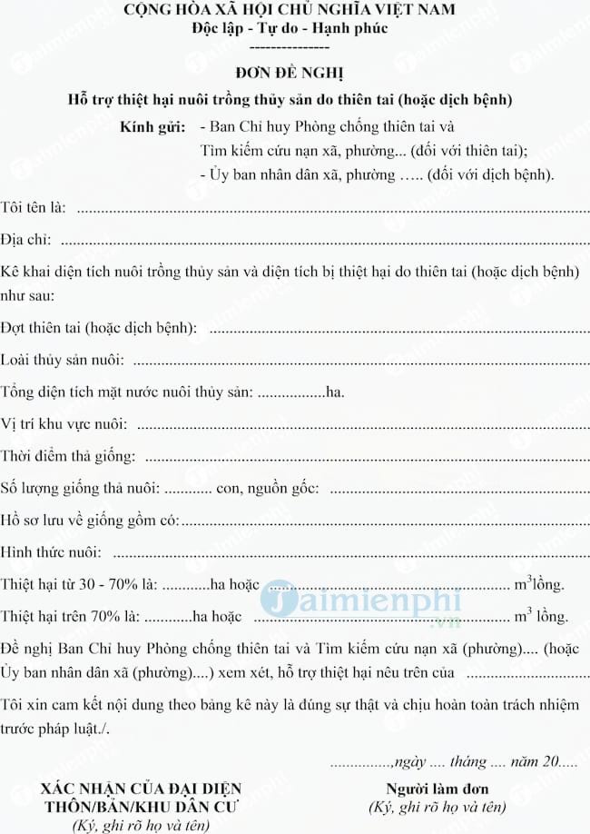 Mẫu đơn đề nghị hỗ trợ thiệt hại nuôi trồng thủy sản do thiên tai