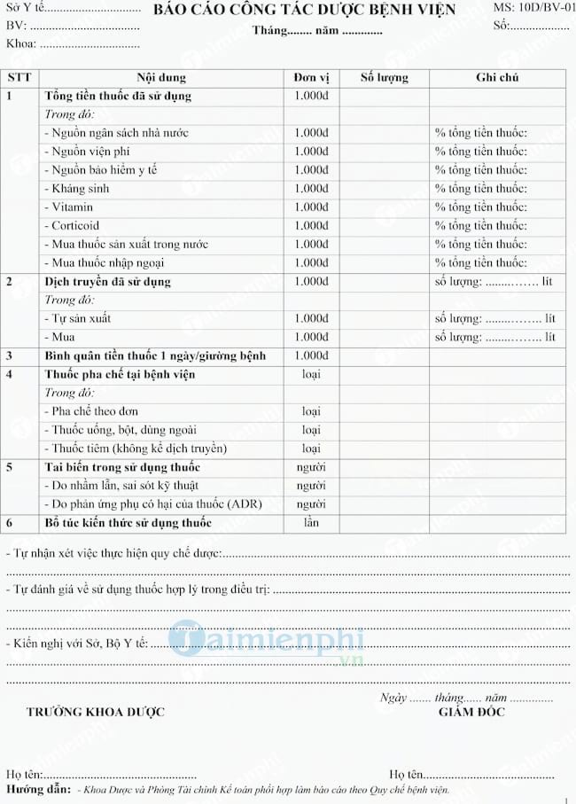 Mẫu báo cáo công tác dược bệnh viện