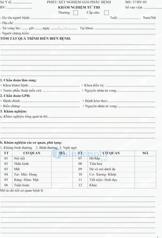 Mẫu phiếu xét nghiệm giải phẫu bệnh, khám nghiệm tử thi