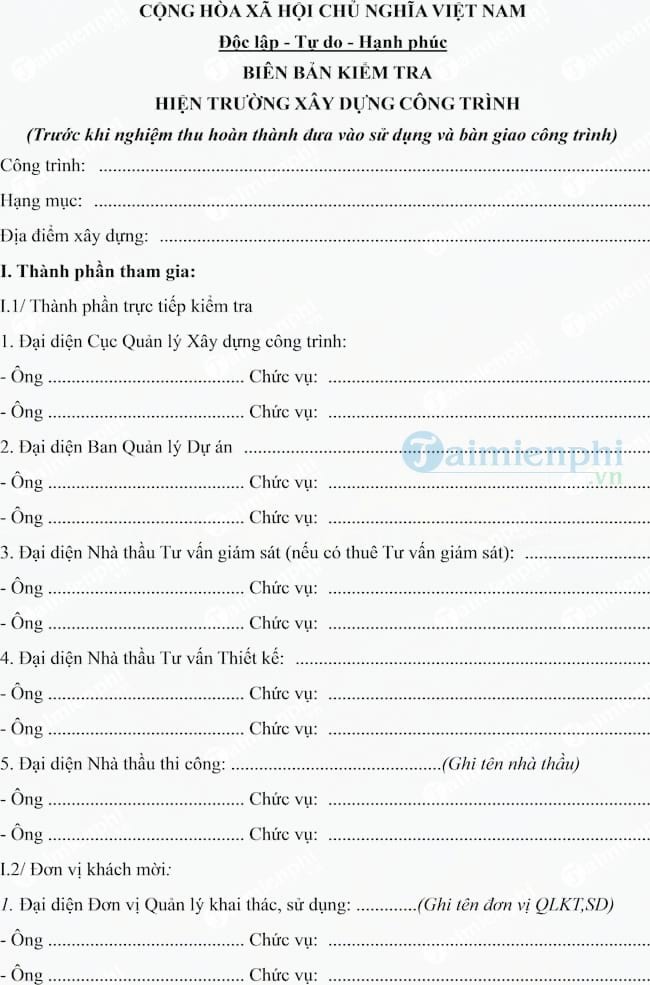 Mẫu biên bản kiểm tra hiện trường xây dựng công trình