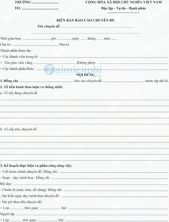Mẫu biên bản báo cáo chuyên đề