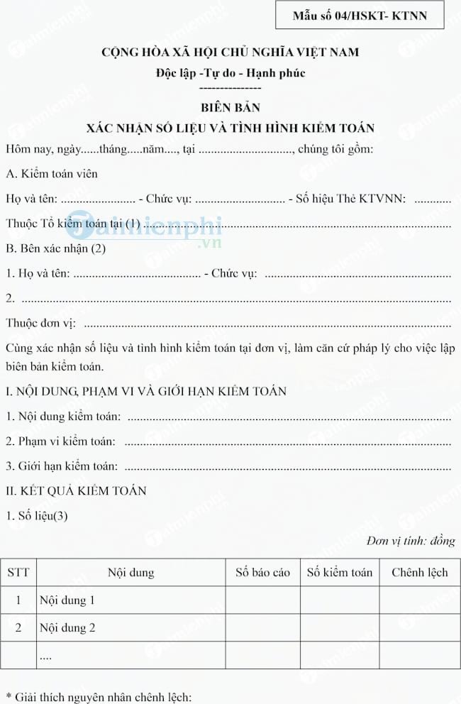 Mẫu biên bản xác nhận số liệu và tình hình kiểm toán