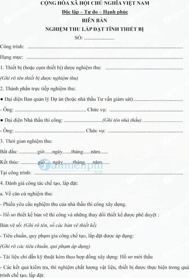 Mẫu biên bản nghiệm thu lắp đặt tĩnh thiết bị