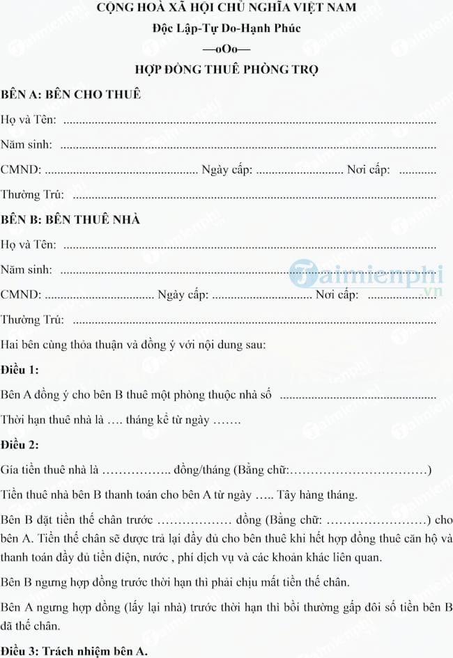 Mẫu hợp đồng thuê phòng trọ