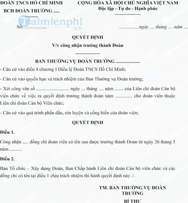 Mẫu quyết định công nhận trưởng thành Đoàn