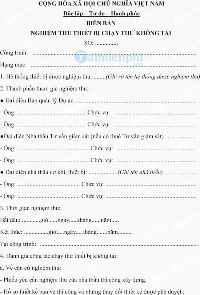 Mẫu biên bản nghiệm thu thiết bị chạy thử không tải