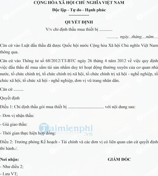 Mẫu quyết định chỉ định thầu mua thiết bị